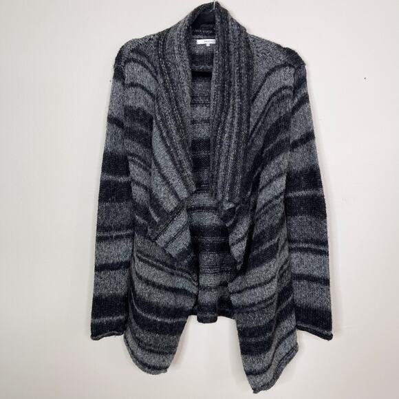 360 Cashmere Striped Drape Front Cardigan Sweater Black Gray XSmall Wool Blend - Picture 1 of 10
